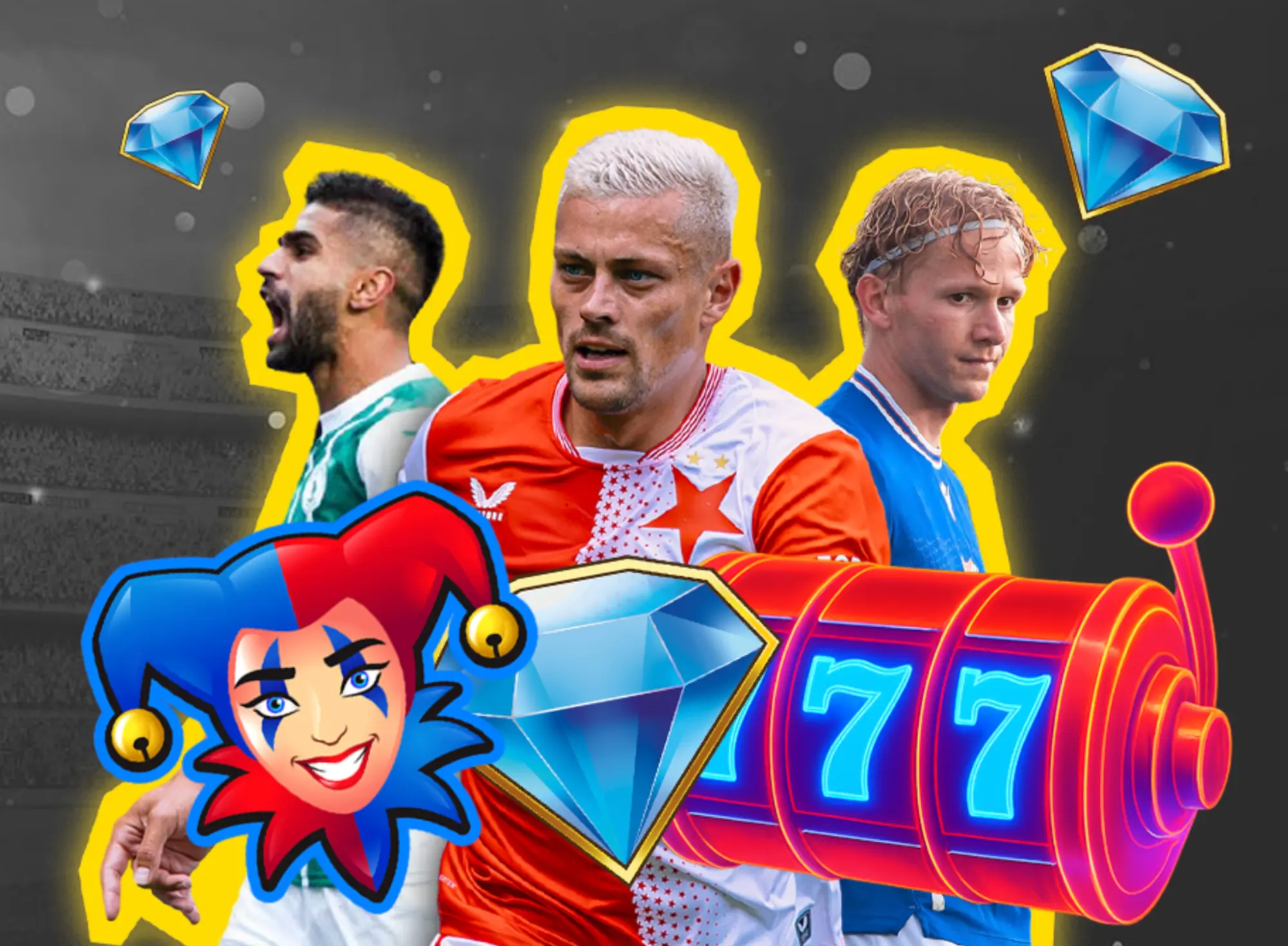 Spojení fotbalu a kasina – emoce ze hřiště i ze hry v jednom obrazu. Tři fotbalisté na hřišti doplnění o symboly kasina – jackpotový automat se sedmičkami, jester, diamanty a herní grafika.